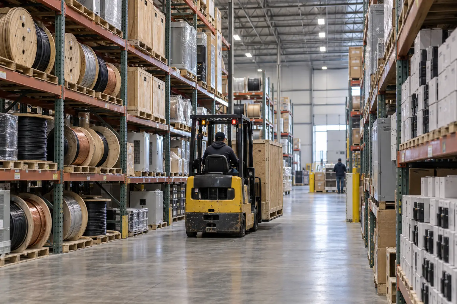 Distributor warehouse aisle with cable reels and crated equipment on pallet racking and a forklift carrying a crate