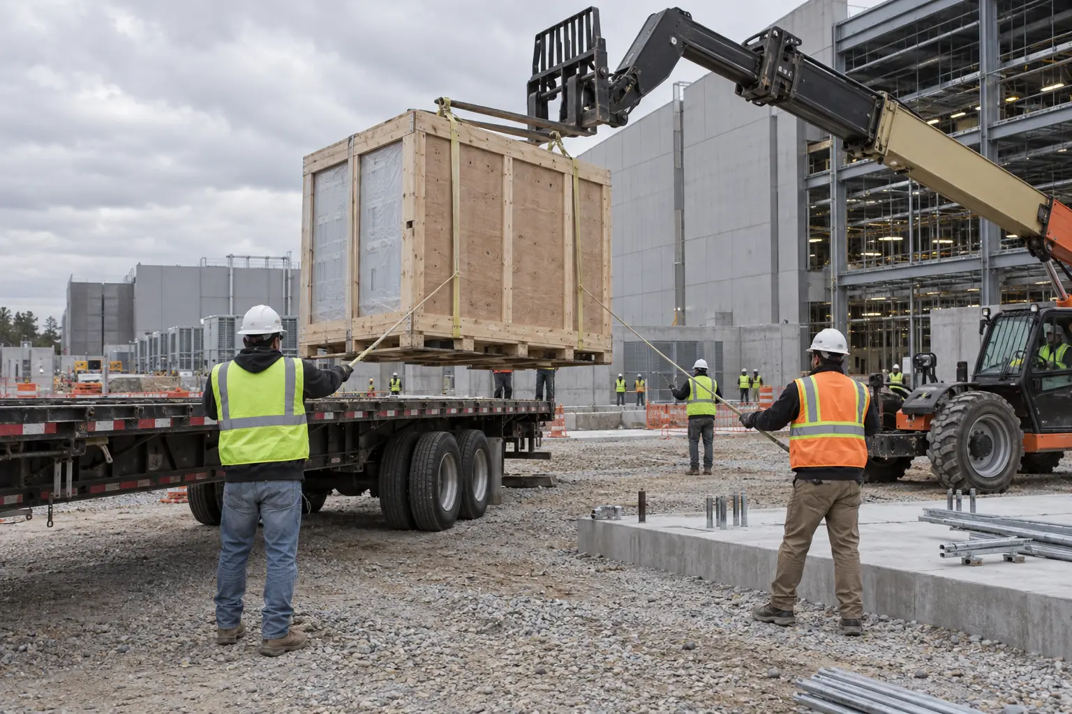 Crew in hi-vis vests guiding a crated switchgear section off a flatbed truck with a telehandler at a data center construction site
