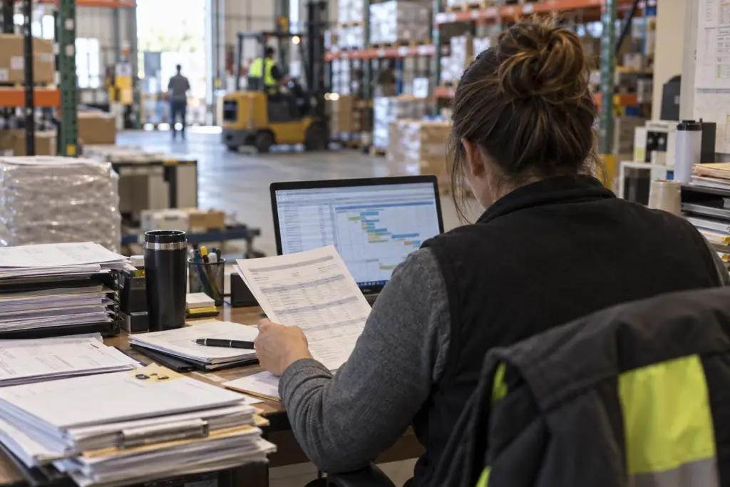 Person at a warehouse office desk reviewing a printed purchase order log beside a laptop showing a delivery schedule, seen from behind