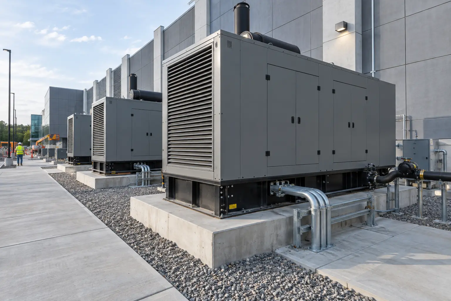Row of outdoor diesel generator enclosures on concrete pads beside a data center building
